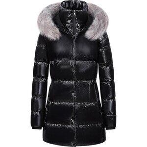 Women's Shine Black Winter Snow Removable Puffer Jacket Coat Faux Fabric Trim